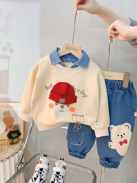 بلوز شلوار بچگانه کلاه قرمز رنگ بژ مناسب 9 ماه تا 5 سال