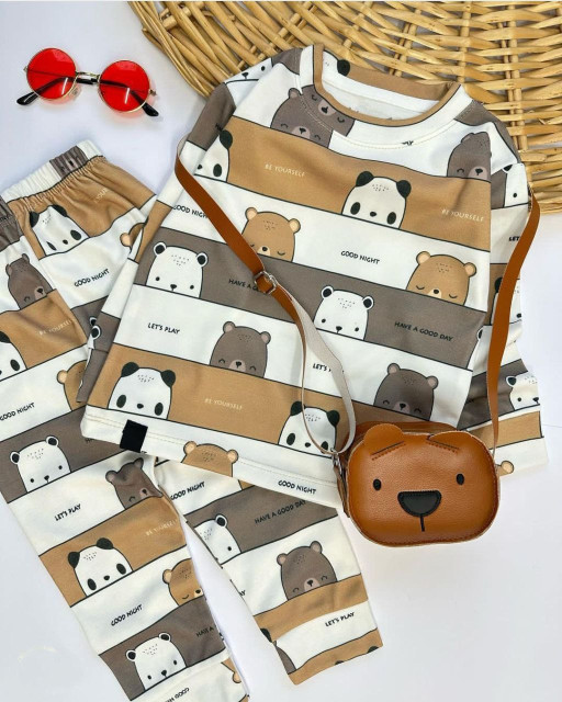 ست بلوز شلوار راحتی بچگانه طرح خرس کله فندقی 9 ماه تا 5 سال