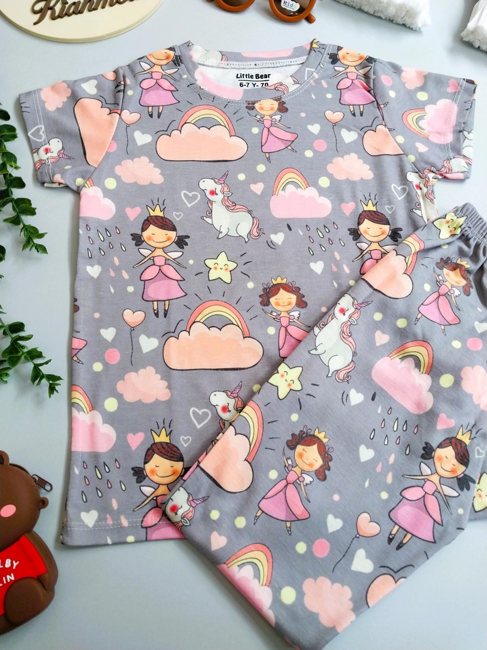 ست راحتی تیشرت شلوار بچگانه دخترانه طرح یونیکورن مناسب 2 تا 9 سال