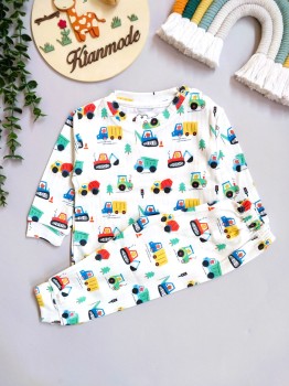 ست بلوز شلوار راحتی نوزادی طرح بولدوزر و کامیون مناسب شش ماه تا دو سال