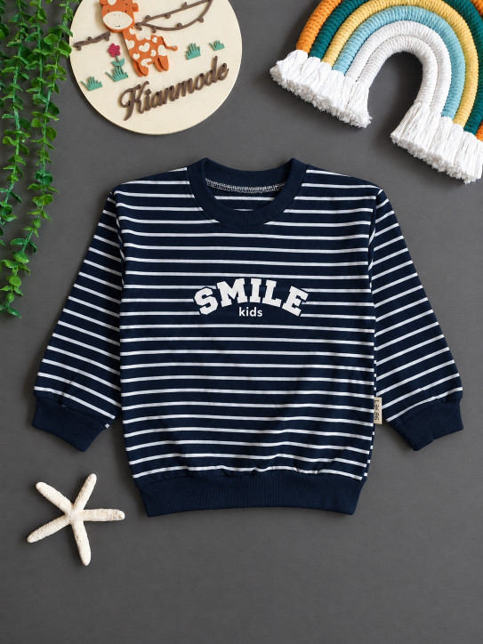 بلوز دورس راه راه رینگی بچگانه طرح SMILE مناسب 5 تا 9 سال
