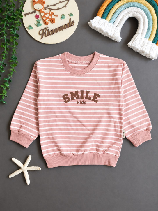 بلوز دورس راه راه رینگی بچگانه طرح SMILE مناسب 5 تا 9 سال